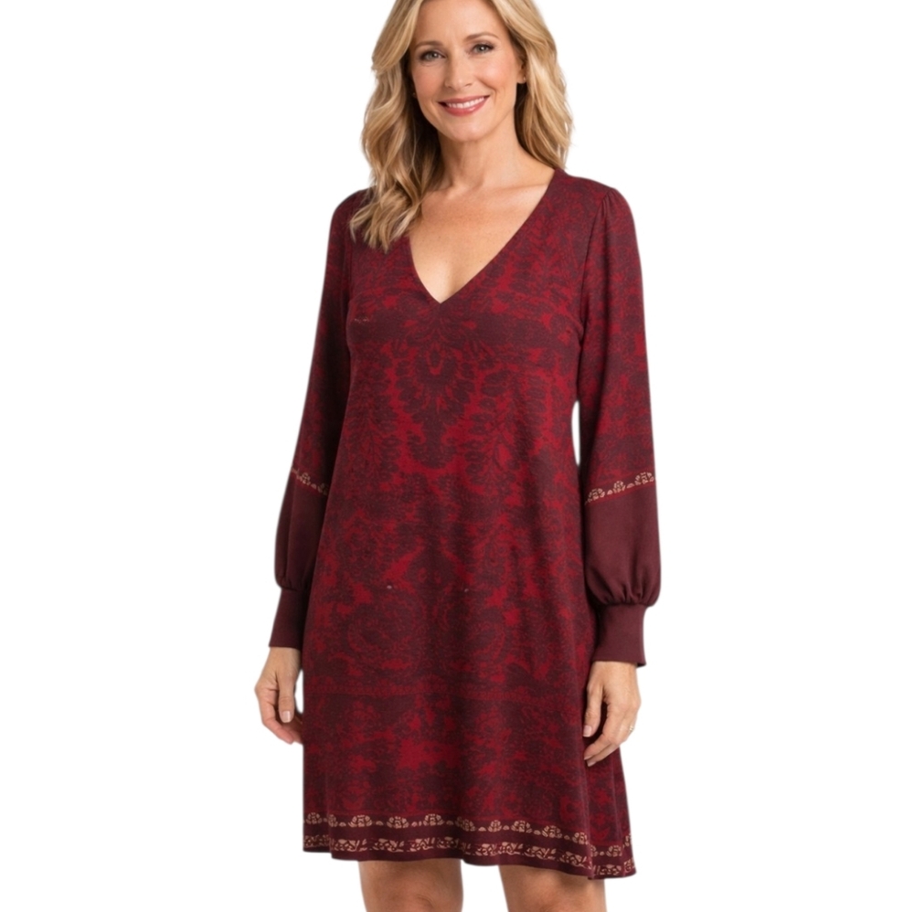 Free People Women’s Red Boho V-Neck Long Sleeve Dress | Fall Large Used